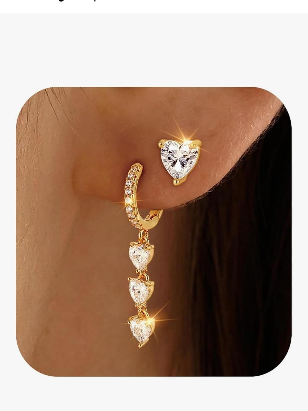 2 Piece Gold Plated Heart Drop& Stud Diamomd Cubic Zirconia Earrings Luxury